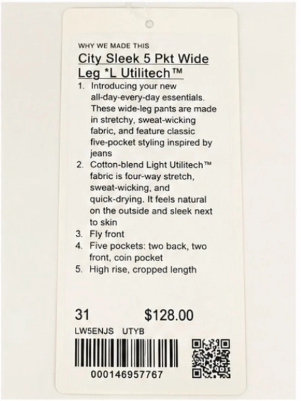 lululemon City Sleek 5 Pocket Wide Leg Crop Pants Size 31 Light Blue Utilitech